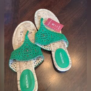 Size 11, low heel green toe sandals.